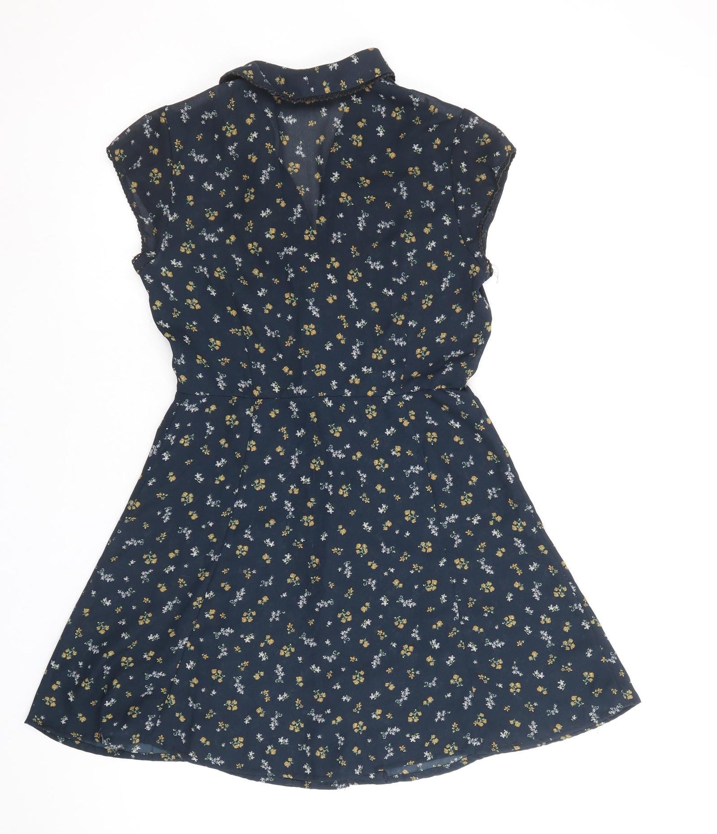 Cooperative Womens Blue Floral Polyester Fit & Flare Size XS V-Neck Button