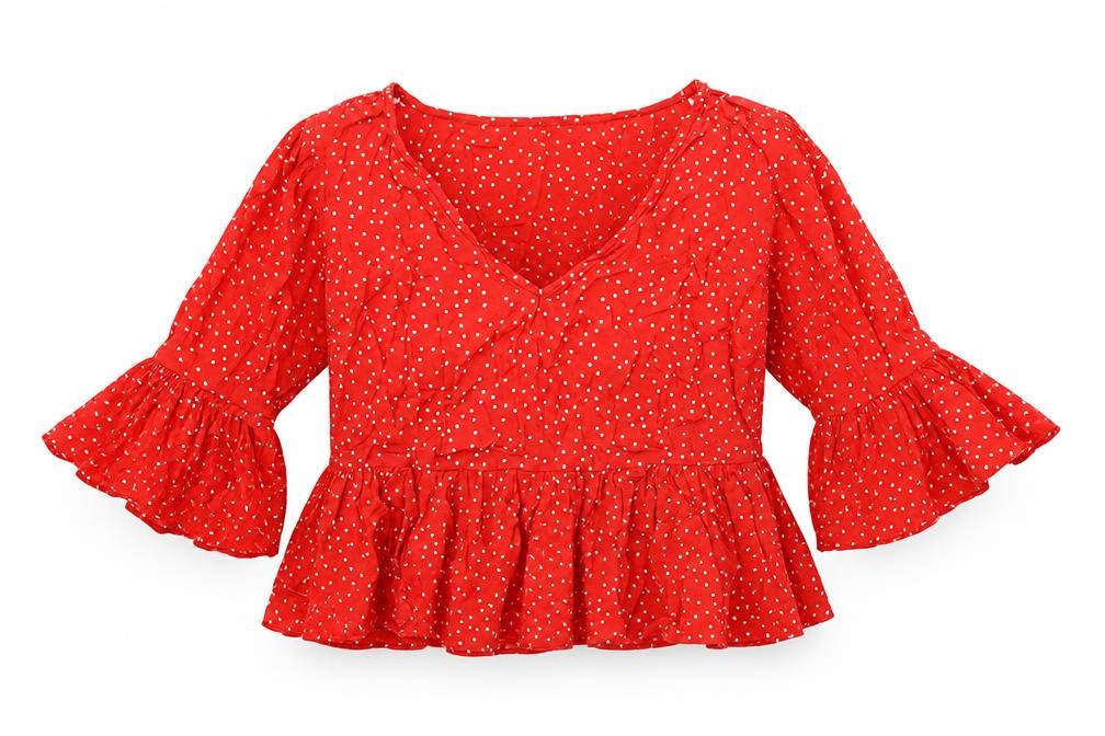 New Look Womens Red Polka Dot Polyester Basic Blouse Size 6 V-Neck - Drop hem