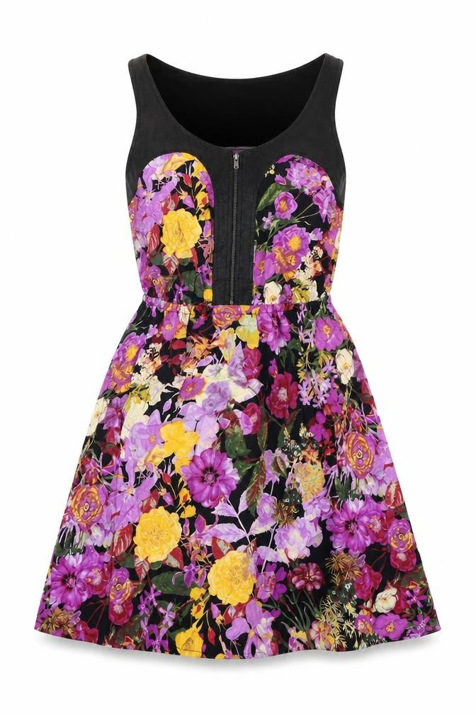 Xhilaration Womens Black Floral Viscose A-Line Size S Round Neck Zip