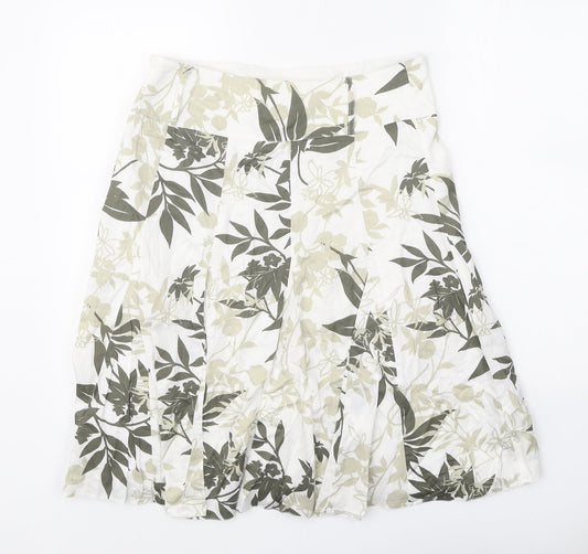 Camaieu Womens White Floral Cotton Swing Skirt Size 10 Zip