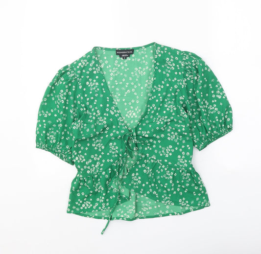 Wednesday's Girl Womens Green Floral Polyester Cropped Blouse Size S V-Neck