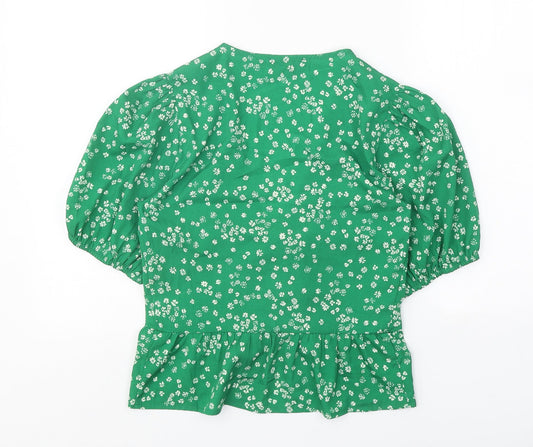 Wednesday's Girl Womens Green Floral Polyester Cropped Blouse Size S V-Neck