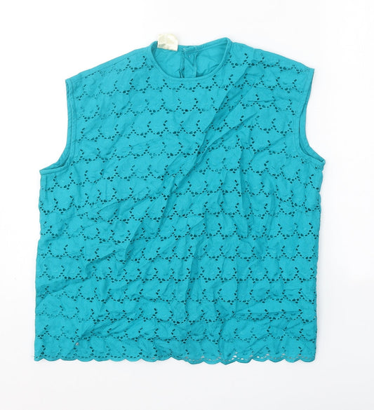 Winfield Womens Blue Geometric 100% Cotton Basic Tank Size 12 Round Neck - Broderie Anglaise