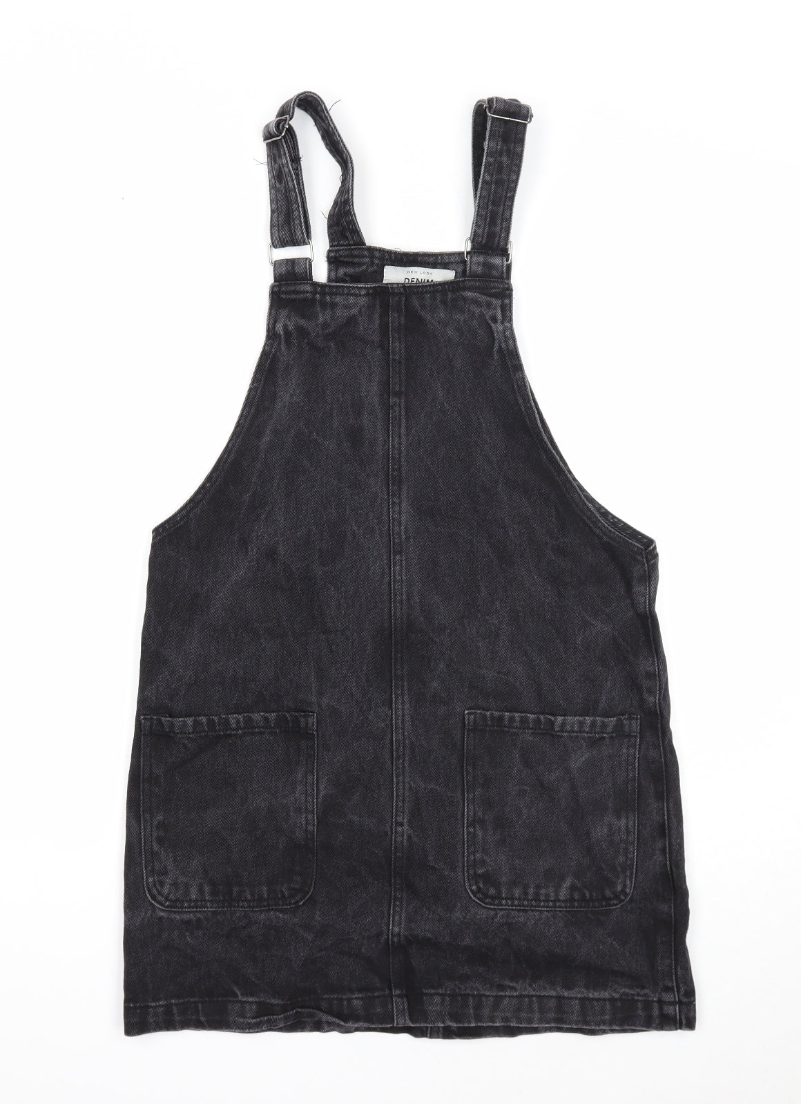 New Look Womens Black Cotton Pinafore/Dungaree Dress Size 8 Square Neck Button