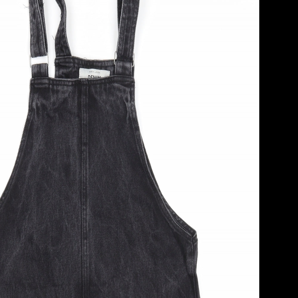 New Look Womens Black Cotton Pinafore/Dungaree Dress Size 8 Square Neck Button