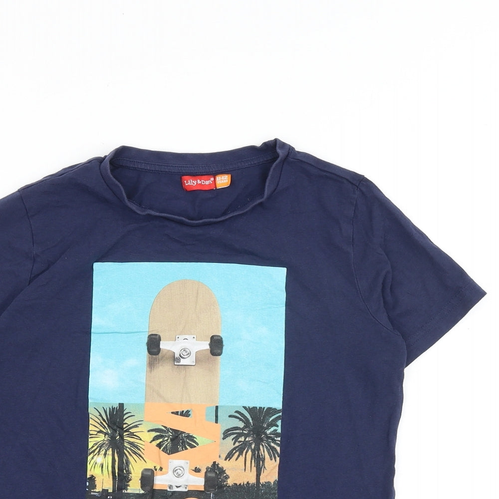 Lily&Dan Boys Blue Cotton Basic T-Shirt Size 11-12 Years Round Neck Pullover