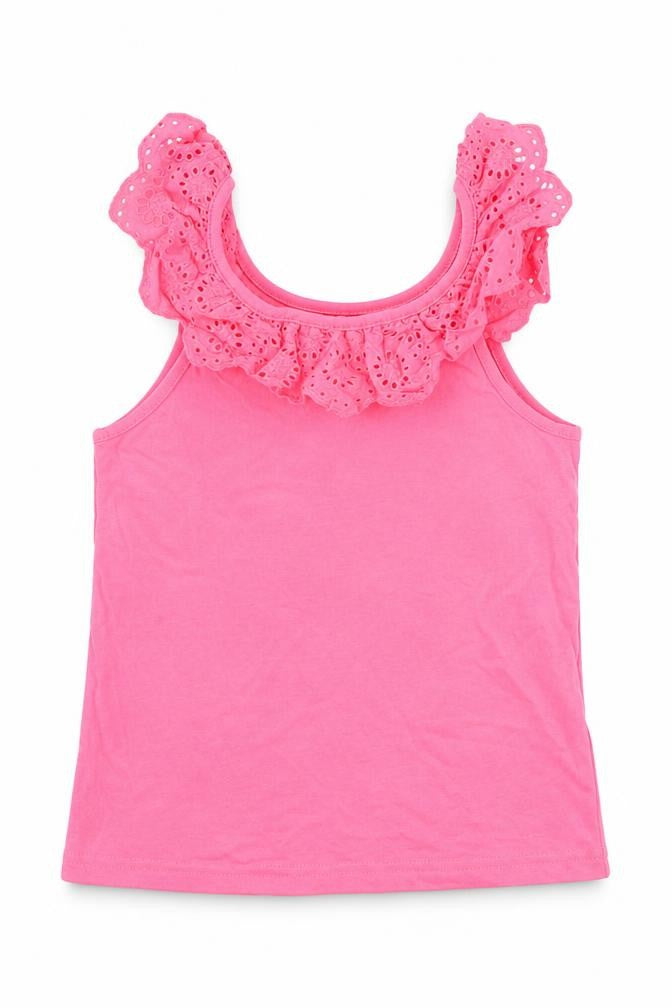 Primark Girls Pink 100% Cotton Basic Tank Size 6-7 Years Scoop Neck Pullover - Broderie Anglaise Trim