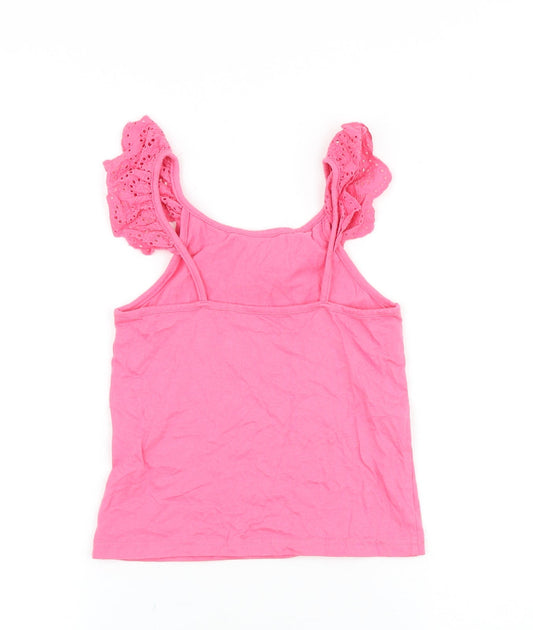 Primark Girls Pink 100% Cotton Basic Tank Size 6-7 Years Scoop Neck Pullover - Broderie Anglaise Trim