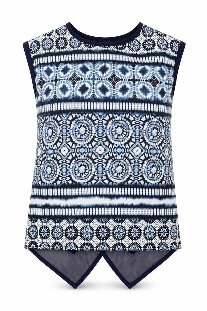 Oasis Womens Blue Geometric Polyester Basic Blouse Size S Round Neck