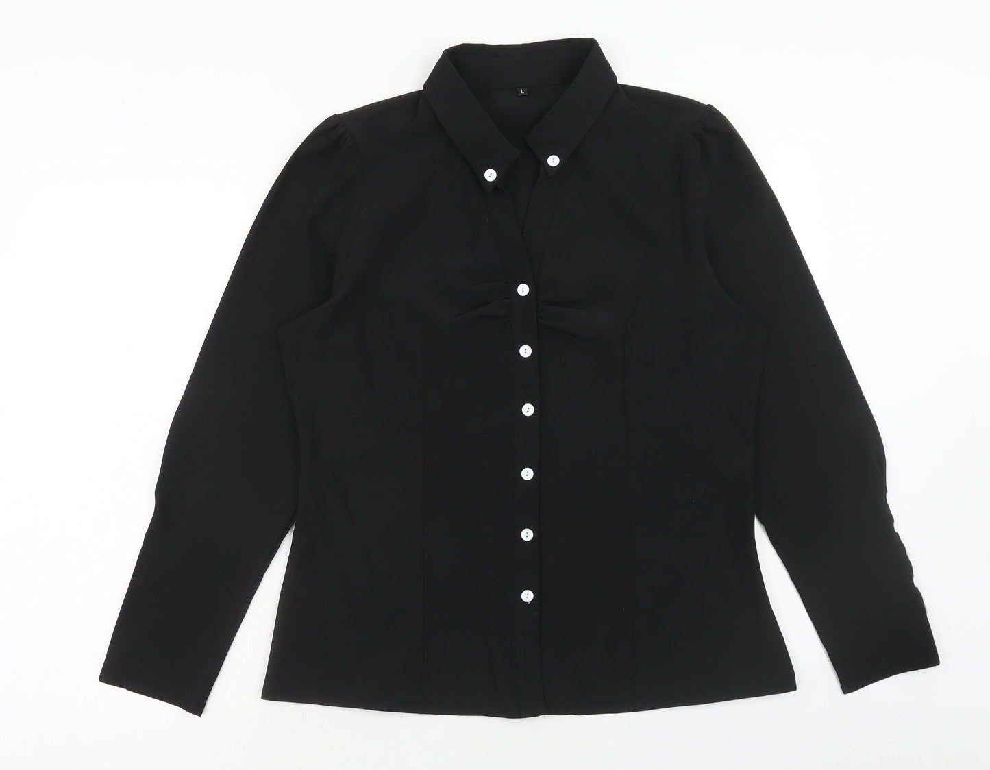 Preworn Womens Black Polyester Basic Button-Up Size L Collared