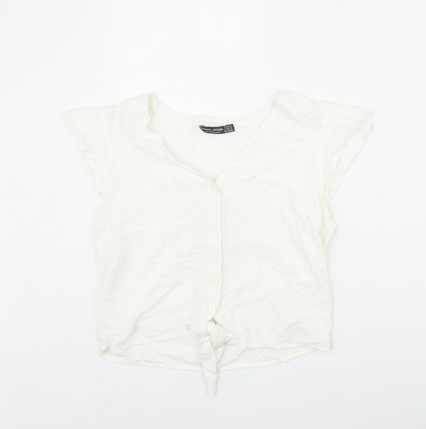 Bershka Womens Ivory Viscose Basic Button-Up Size S V-Neck - Tie Front