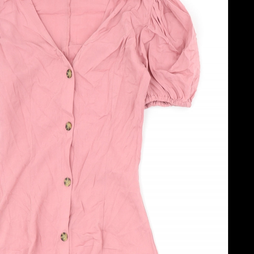 Divided Womens Pink Viscose A-Line Size 6 V-Neck Button - Puff Sleeve