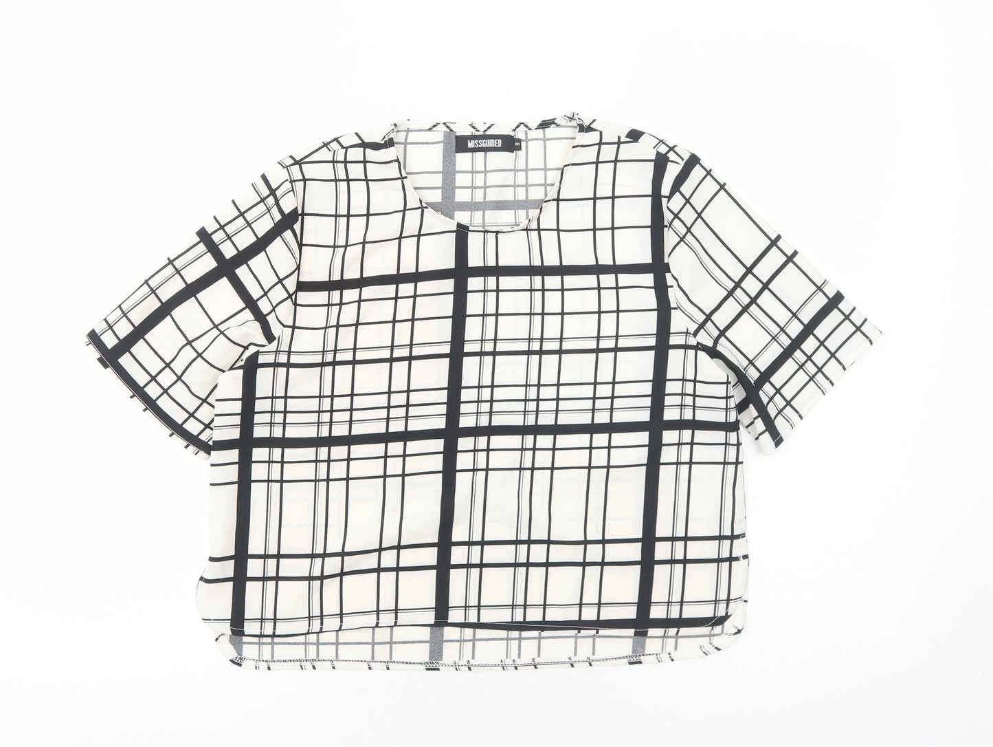 Missguided Womens White Plaid Polyester Basic T-Shirt Size 8 Scoop Neck