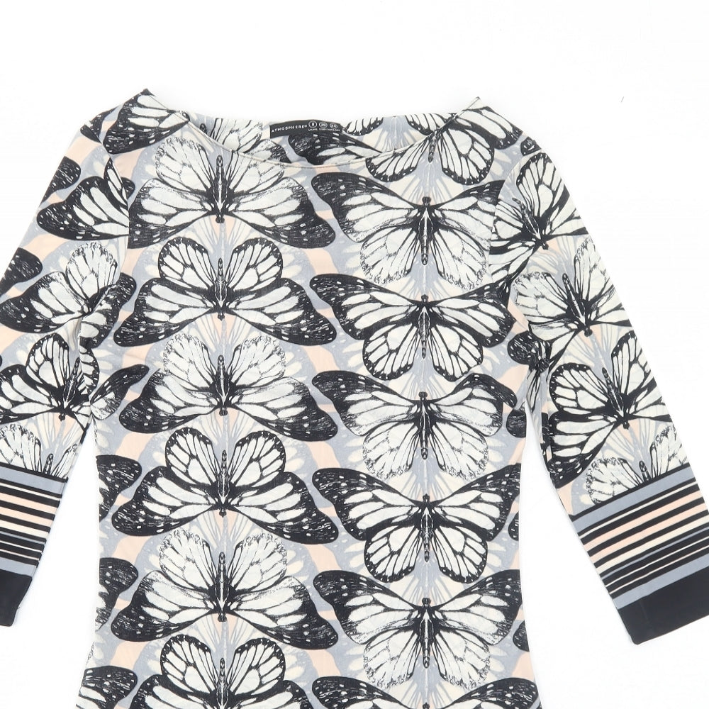 Atmosphere Womens Grey Geometric Polyester A-Line Size 8 Boat Neck Pullover - Butterfly Pattern