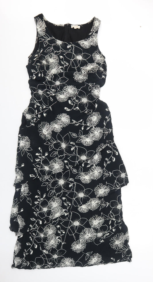 Lady Allister Womens Black Floral Polyester A-Line Size M Boat Neck Zip