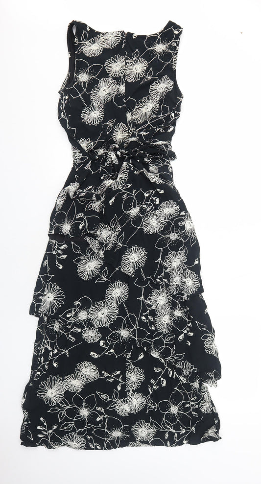 Lady Allister Womens Black Floral Polyester A-Line Size M Boat Neck Zip