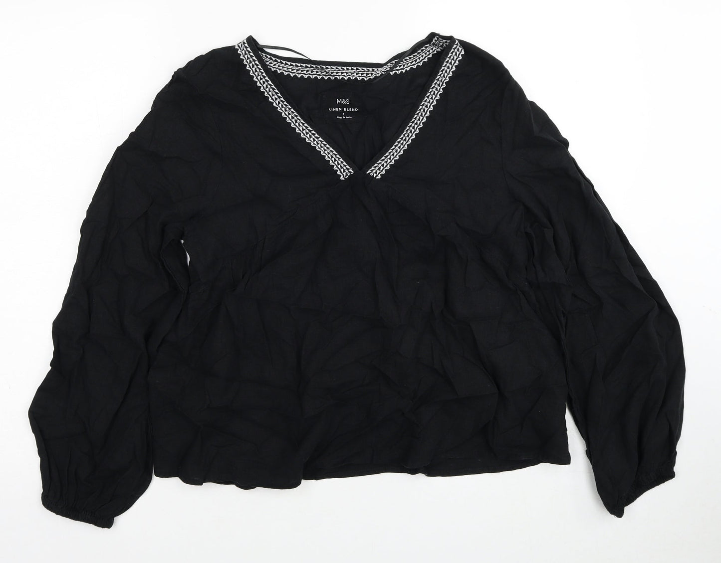 Marks and Spencer Womens Black Linen Basic Blouse Size 8 V-Neck