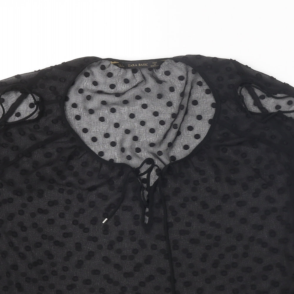 Zara Womens Black Polka Dot Polyester Basic Blouse Size L Scoop Neck - Split Sleeve Detail
