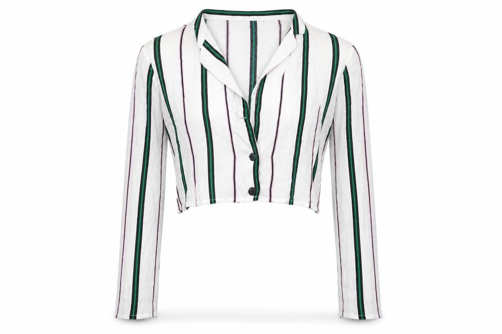 Bershka Womens White Striped Viscose Cropped Button-Up Size L Collared