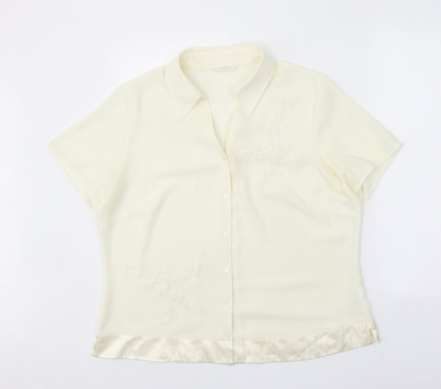 Marks and Spencer Womens Ivory Floral Polyester Basic Button-Up Size 16 Collared - Satin Trim