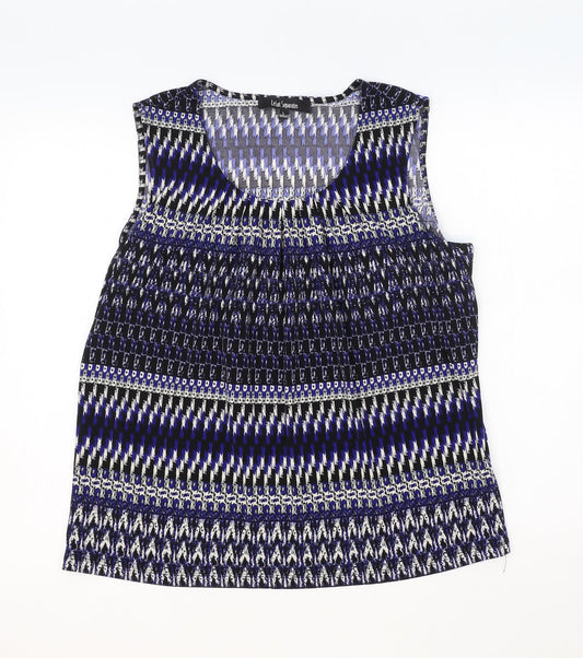 Le Suit Womens Blue Geometric Polyester Basic Tank Size L Round Neck