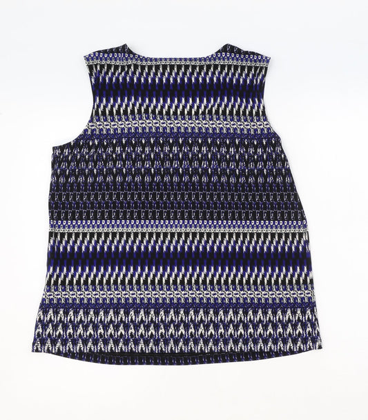 Le Suit Womens Blue Geometric Polyester Basic Tank Size L Round Neck
