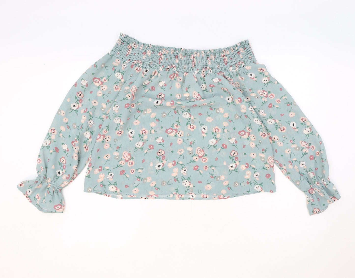 Wild Blue Womens Green Floral Polyester Basic Blouse Size M Off the Shoulder