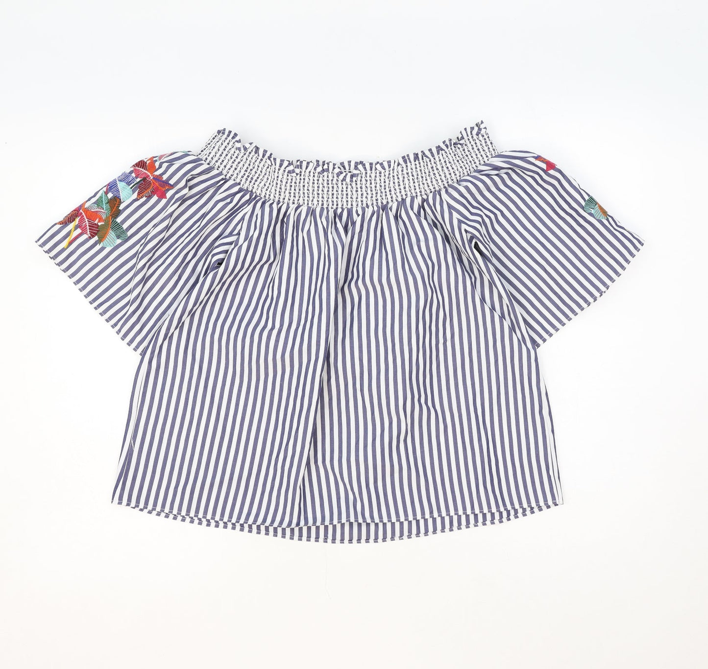 Marks and Spencer Womens Blue Striped Polyester Cropped Tank Size 8 Off the Shoulder - Palm Tree Embroidery