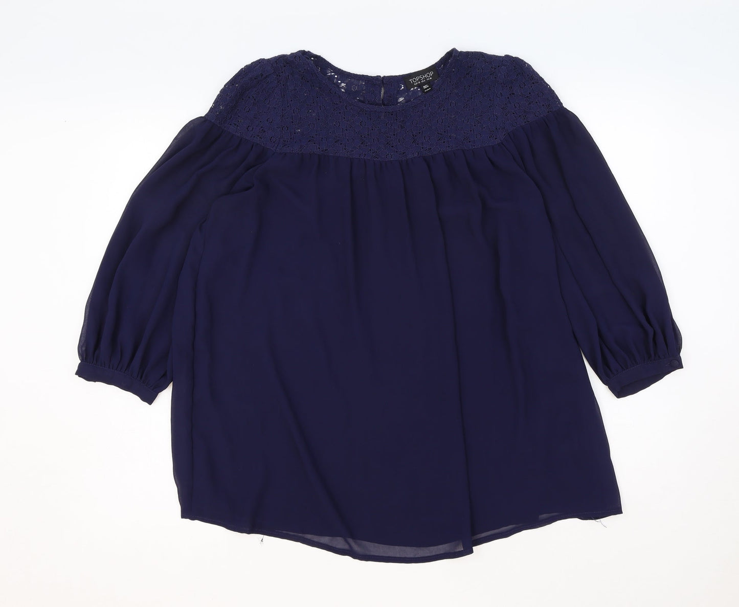 Topshop Womens Blue Polyester Basic Blouse Size 10 Round Neck - Lace Detail