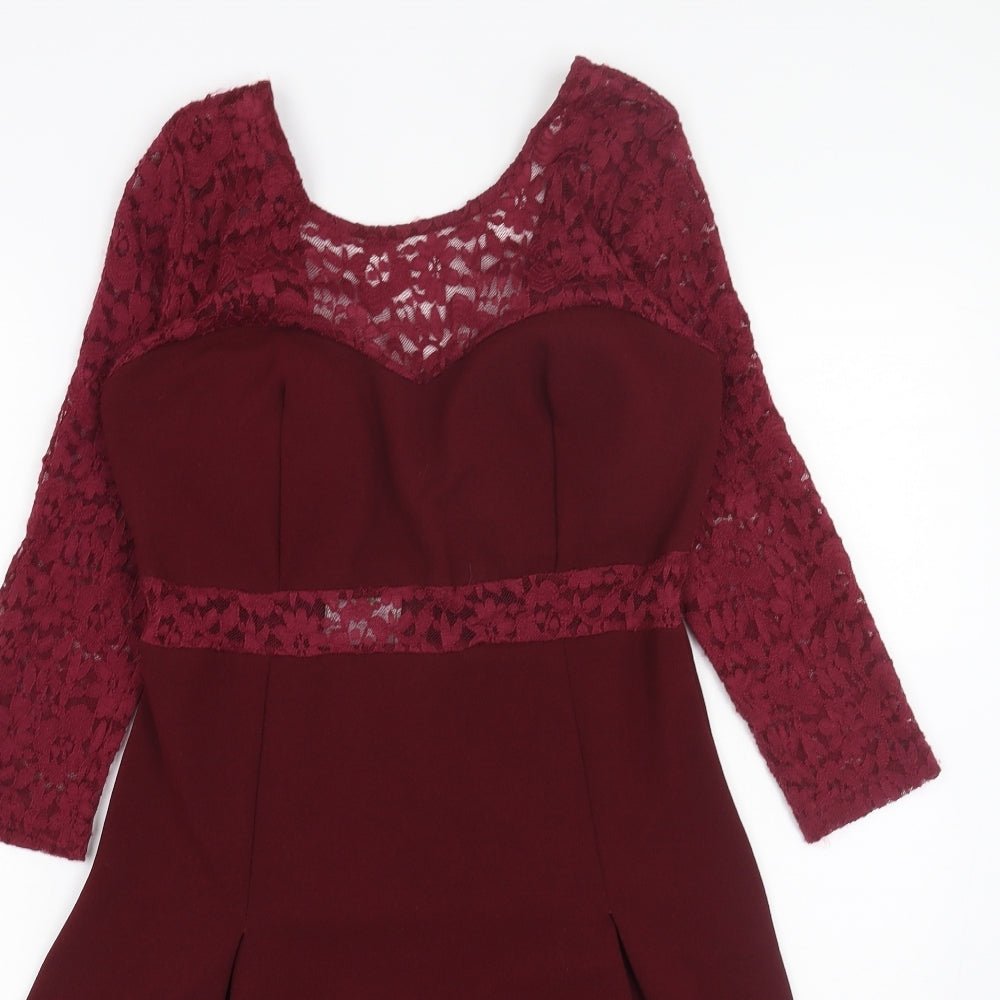 Preworn Womens Red Polyester A-Line Size L Scoop Neck Zip - Lace detail