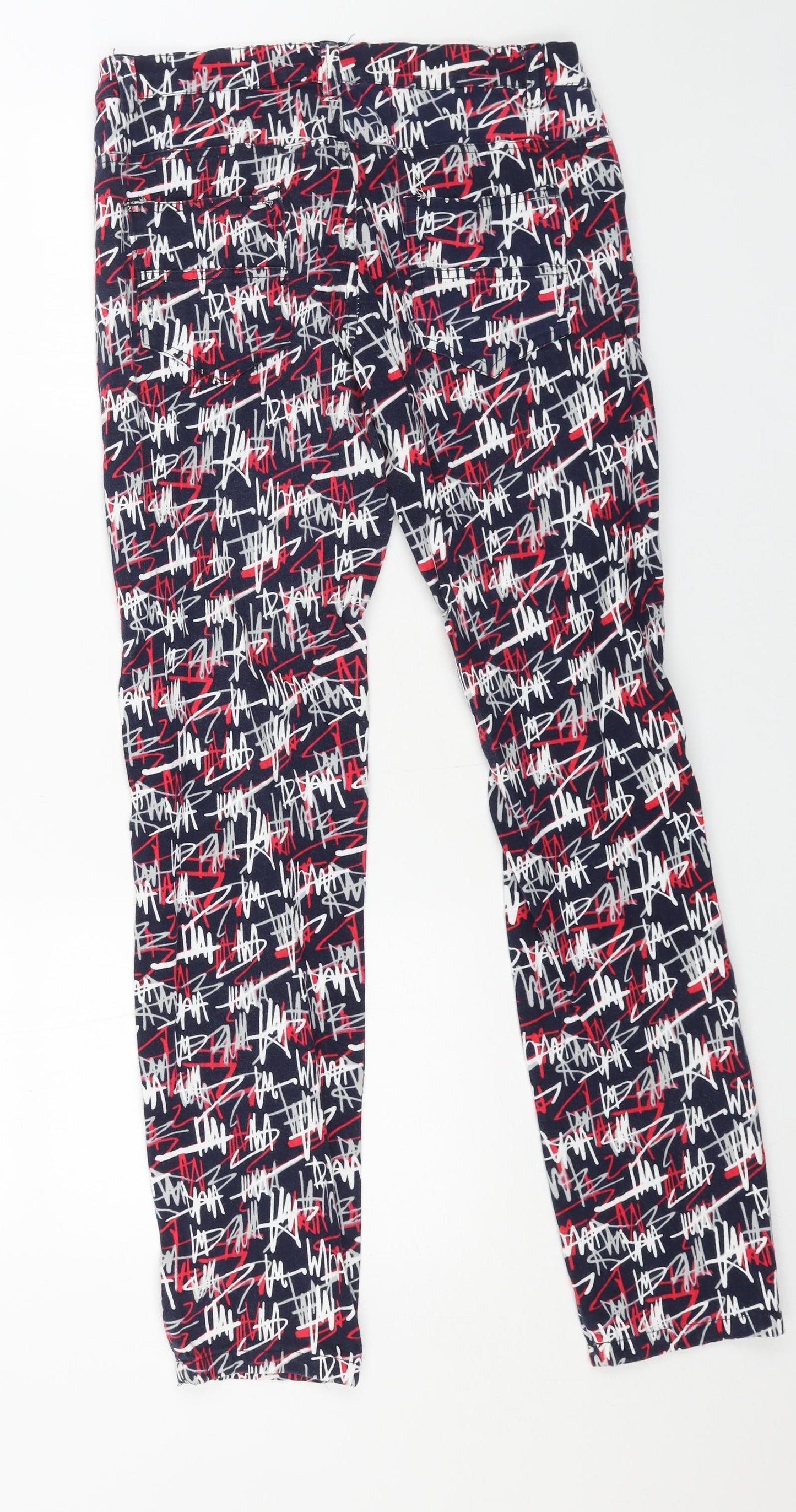 Reverse Womens Blue Geometric Cotton Trousers Size 32 L28 in Regular Button - Graffiti