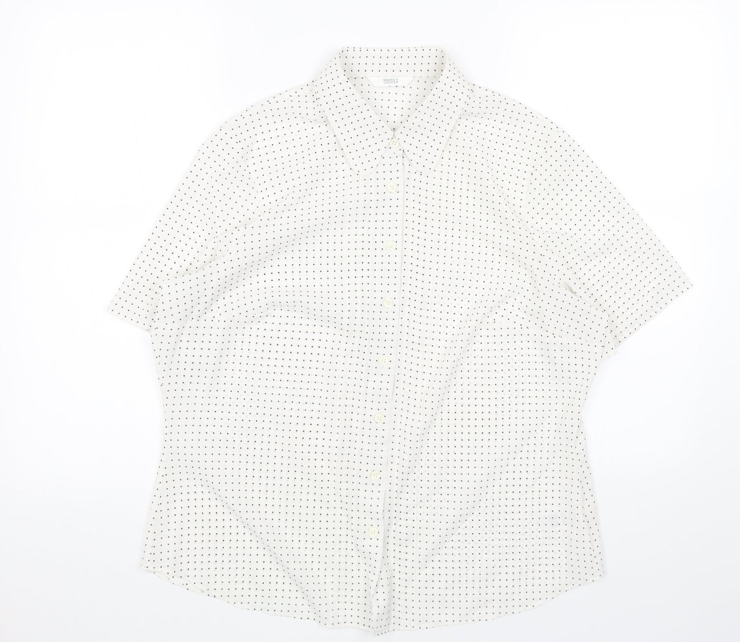 Marks and Spencer Womens White Polka Dot Polyester Basic Button-Up Size 16 Collared
