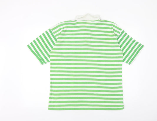 leisure man Mens Green Striped Cotton Polo Size M Collared Button