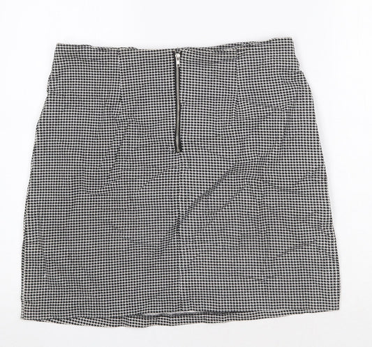 Joy Womens Black Geometric Cotton A-Line Skirt Size L Zip - Houndstooth Pattern