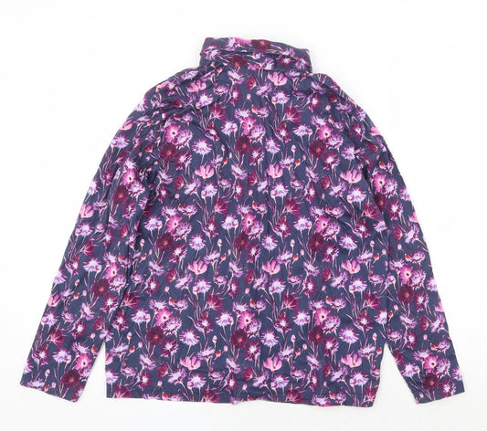 EWM Womens Purple Floral 100% Cotton Basic Button-Up Size L Collared