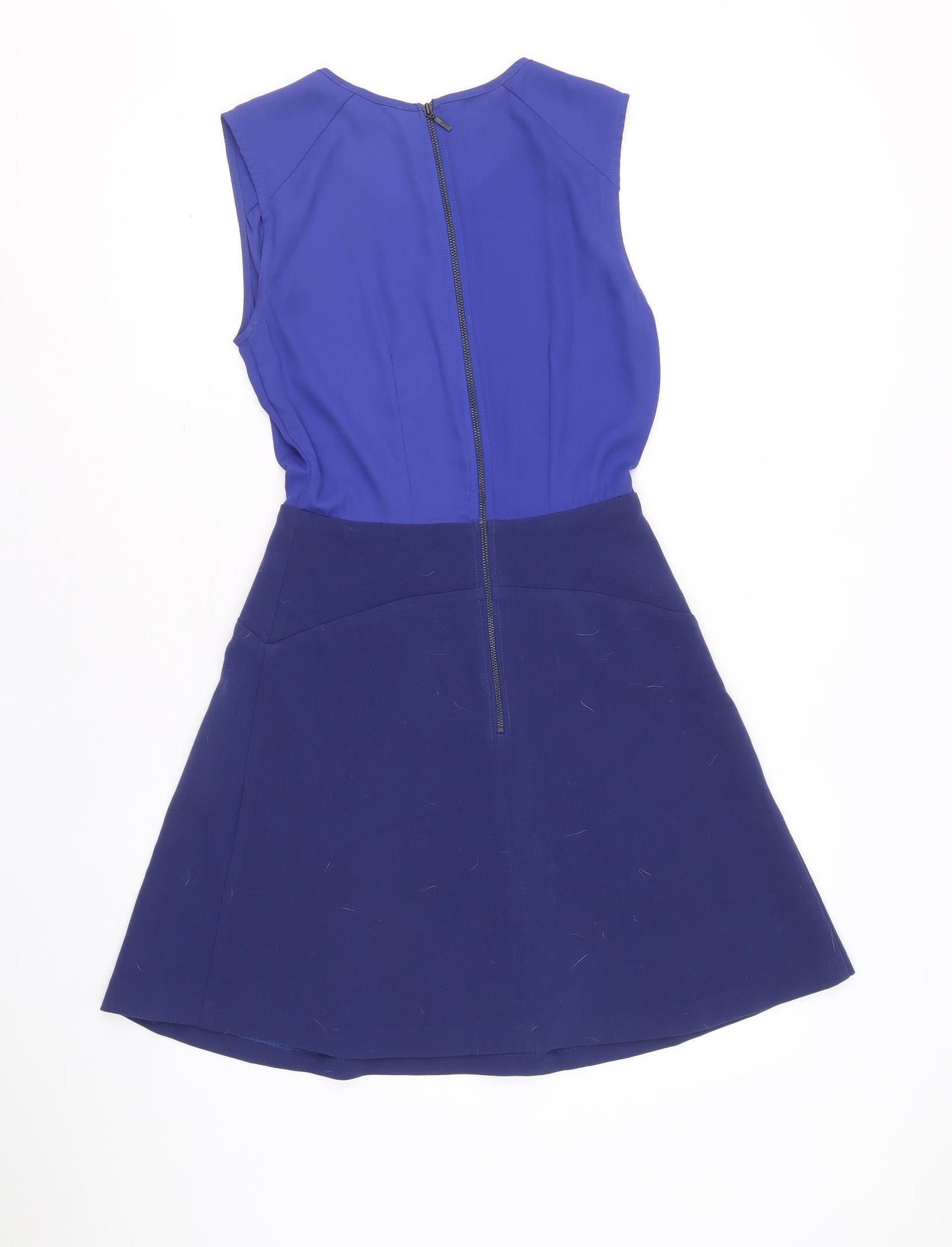 Closet Womens Blue Colourblock Polyester Fit & Flare Size 10 Round Neck Zip