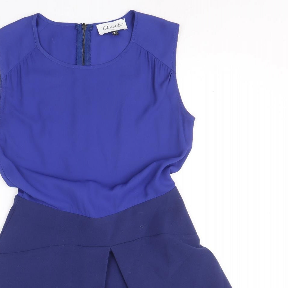 Closet Womens Blue Colourblock Polyester Fit & Flare Size 10 Round Neck Zip