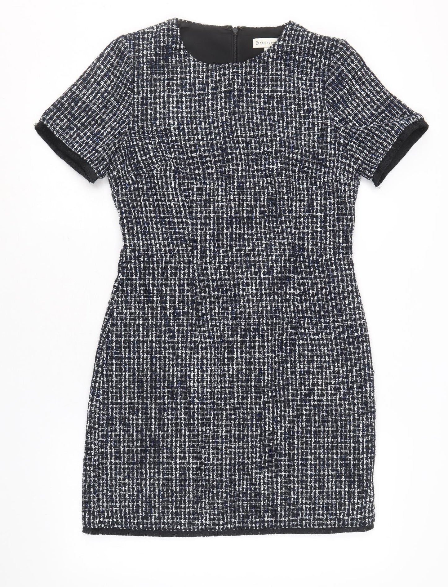 Warehouse Womens Blue Geometric Polyester A-Line Size 10 Round Neck Zip