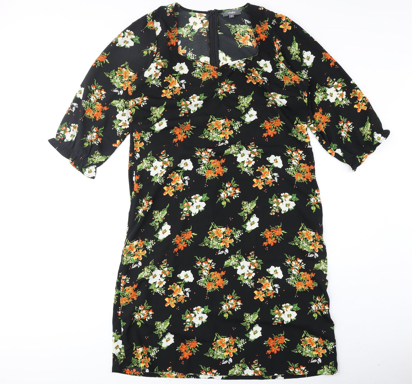 Studio Womens Black Floral Polyester A-Line Size 16 V-Neck Zip