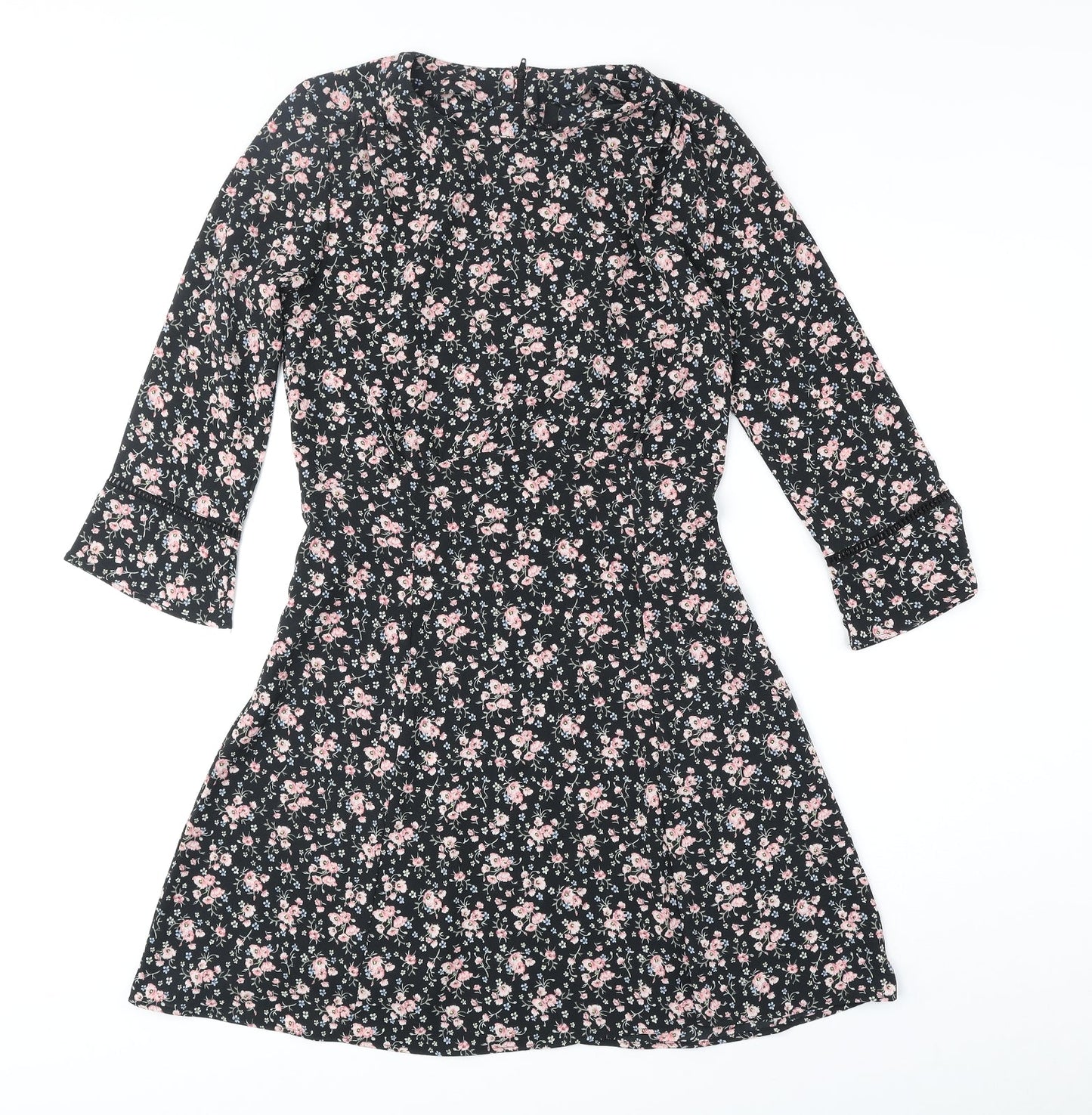 Divided by H&M Womens Black Floral Polyester A-Line Size 8 Round Neck Zip