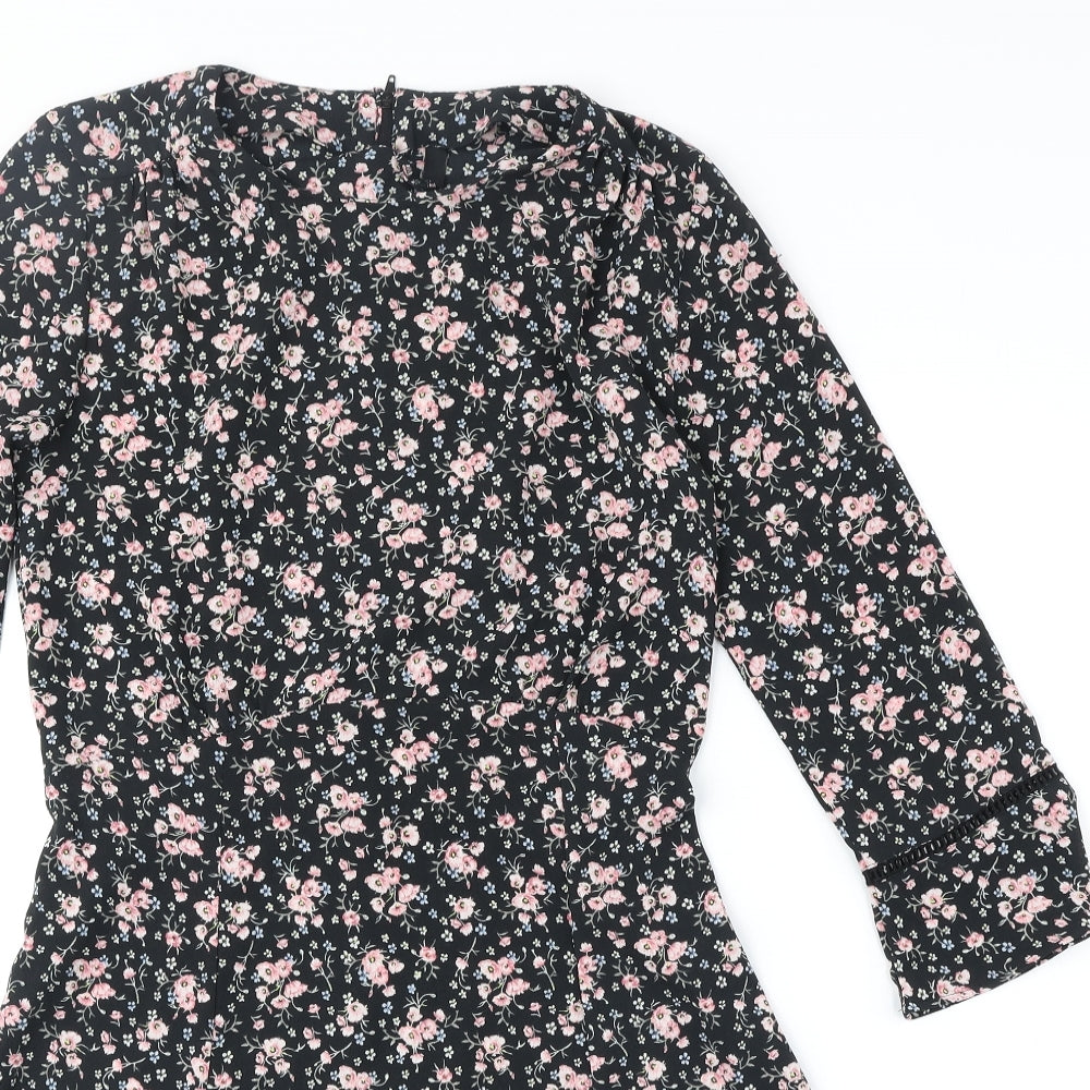 Divided by H&M Womens Black Floral Polyester A-Line Size 8 Round Neck Zip