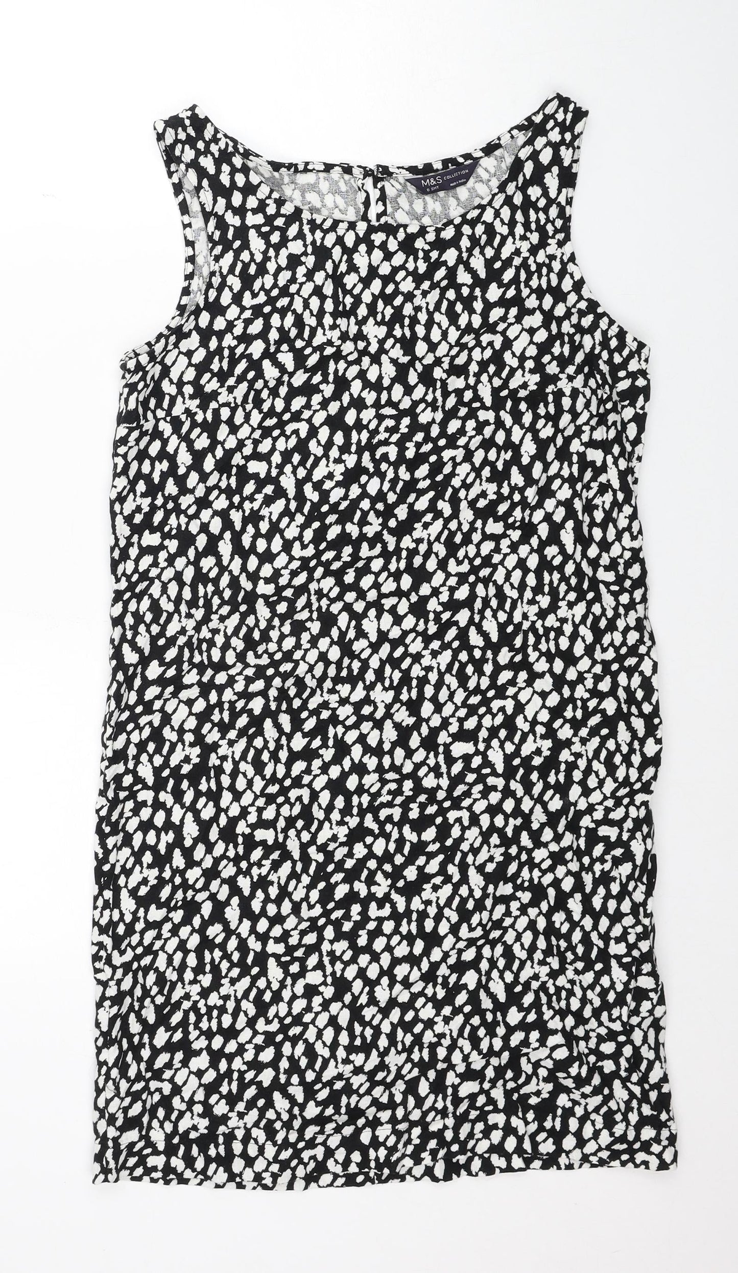 Marks and Spencer Womens Black Geometric Linen A-Line Size 6 Round Neck Button