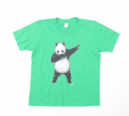 Gildan Boys Green Cotton Basic T-Shirt Size L Round Neck Pullover - Panda Dab