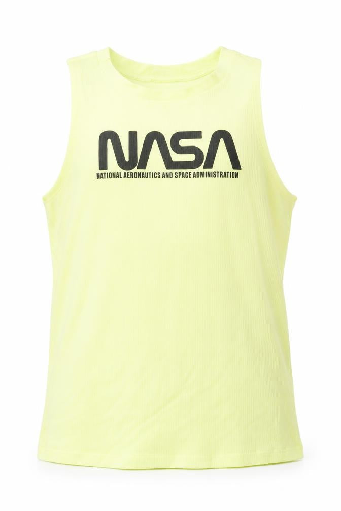 Front view of H&M girls’ yellow cotton basic tank, size 14, years round neck pullover - nasa
