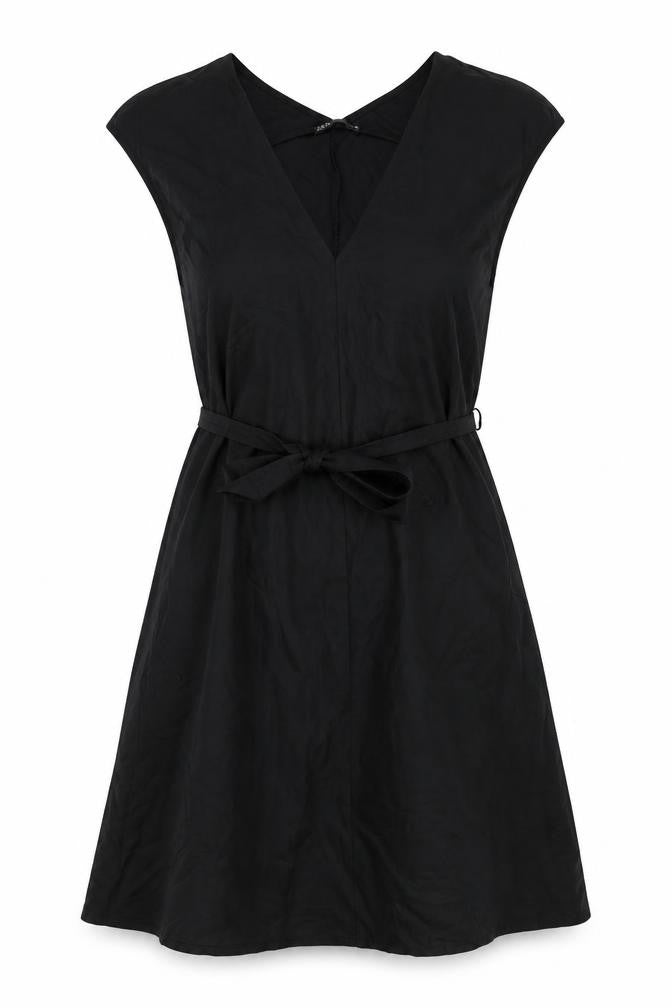 Zara Womens Black Viscose A-Line Size S V-Neck Tie