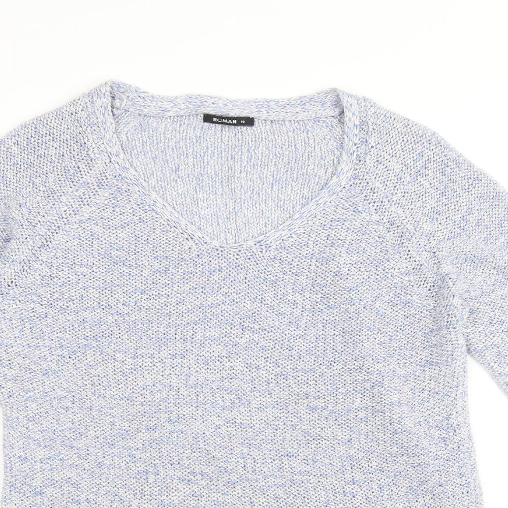 Roman Womens Blue V-Neck Acrylic Pullover Jumper Size 10