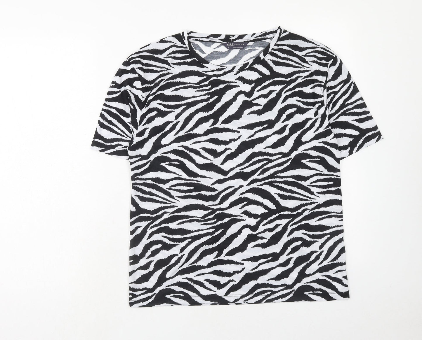 Marks and Spencer Womens Black Animal Print Polyester Basic T-Shirt Size 8 Round Neck - Tiger Pattern