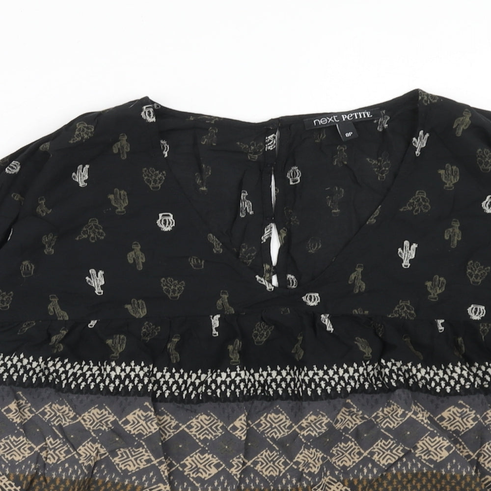 NEXT Womens Black Geometric Viscose Basic Blouse Size 8 V-Neck - Cactus