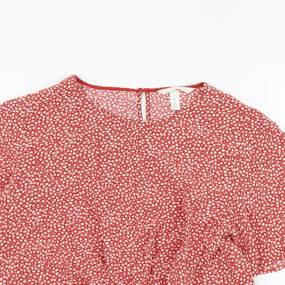 H&M Womens Orange Geometric Viscose Basic Blouse Size 10 Round Neck - Knot Front