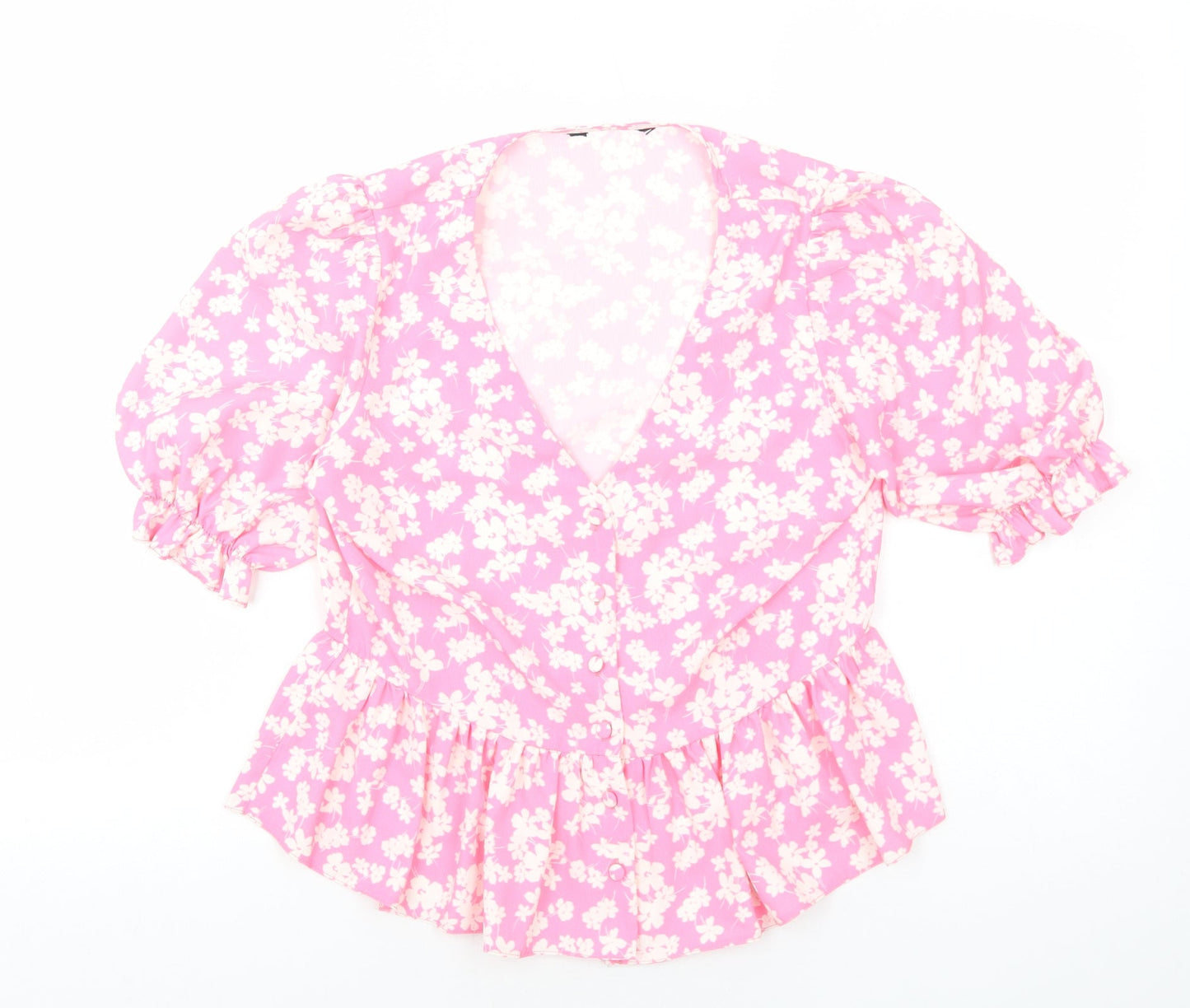 Preworn Womens Pink Floral Polyester Basic Button-Up Size M V-Neck